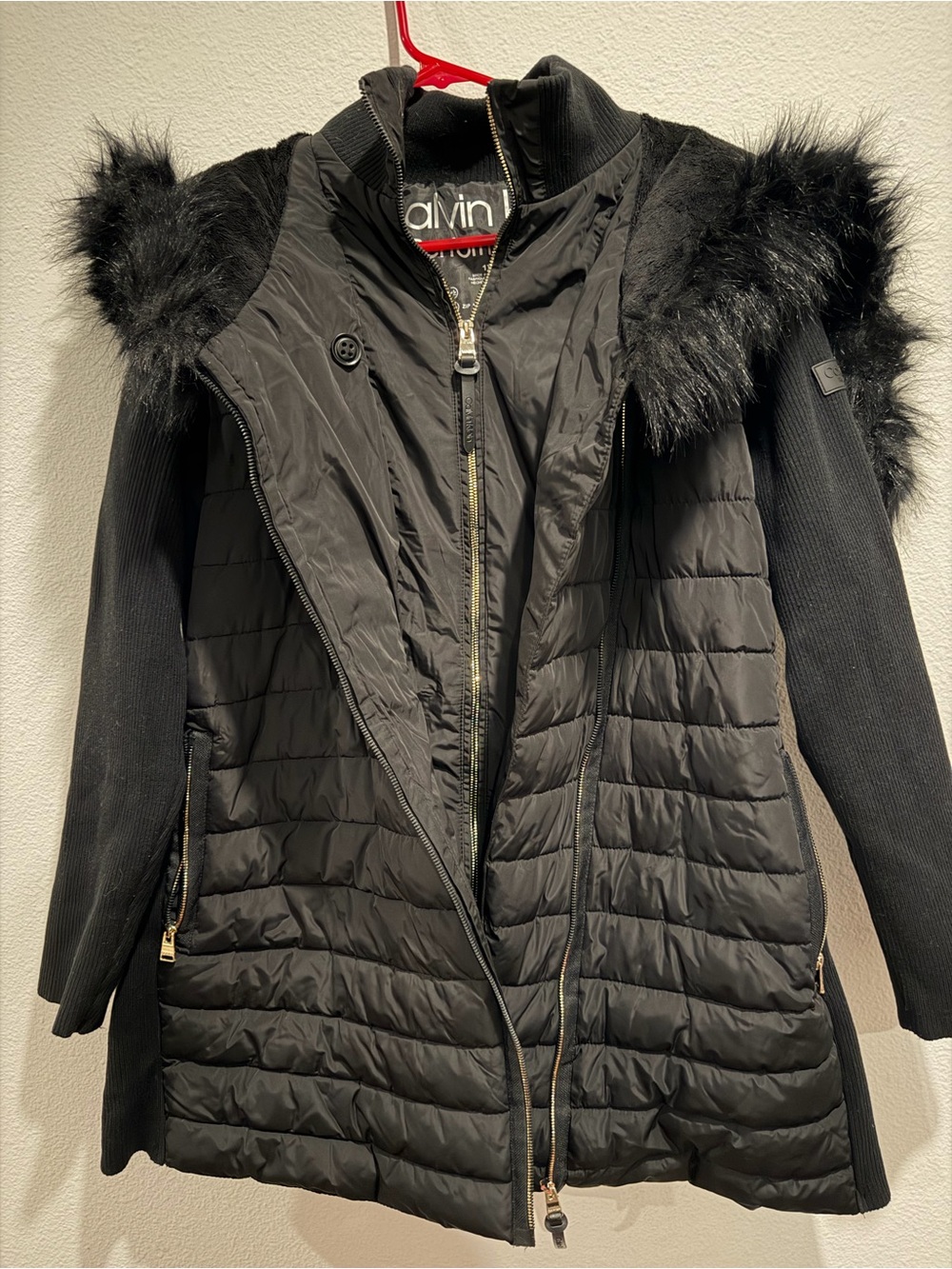 Calvin Klein Black Quilted Puffer Coat with Faux-Fur Trim
